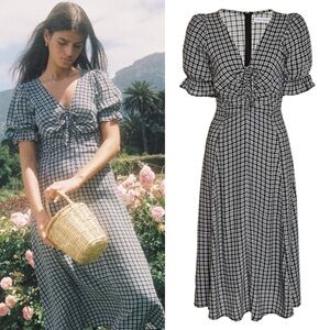 Faithfull the Brand Amber Check Plaid Ruched Midi Dress Size 6